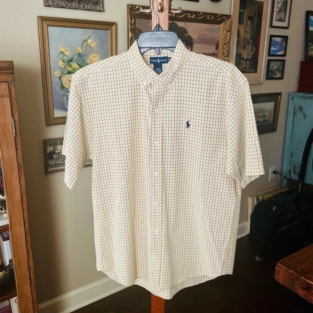 Ralph Lauren boys short sleeve cotton plaid button shirt XL yellow blue Easter